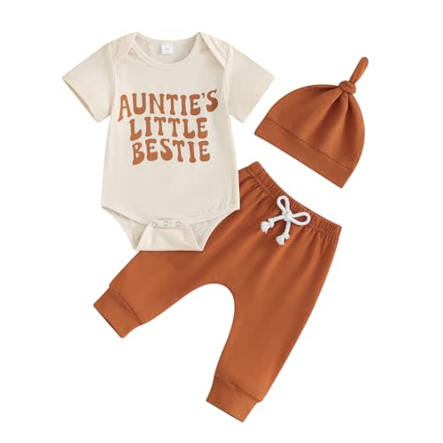 Aunties Bestie Baby Clothes Gender Neutral Unisex Funny Letter Bodysuit Romper Solid Leggings Pants Hat 3Pcs Outfits