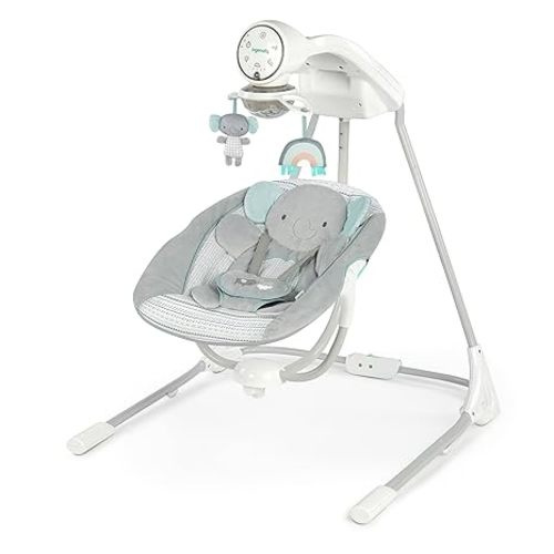 Ingenuity InLighten 5-Speed Baby Swing - Swivel Infant Seat, 5 Point Safety Harness, Nature Sounds, Lights - Van Elephant