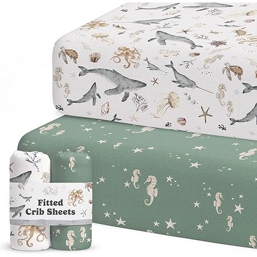 Crib Sheets Neutral - Fitted Baby Crib Sheets Bed for Girl Boy - 2 Pack Standard & Toddler Mattress (Ocean Odyssey) - Buttery Soft Organic Cotton Blend