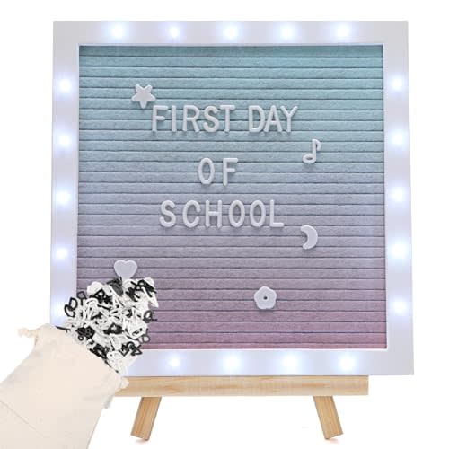 LED Gradient Felt Letter Board Sign with Stand & 470 Letters - 10in 10in First Day of School Changeable Message Board for Classroom Decor Birthday Gifts Wedding Party