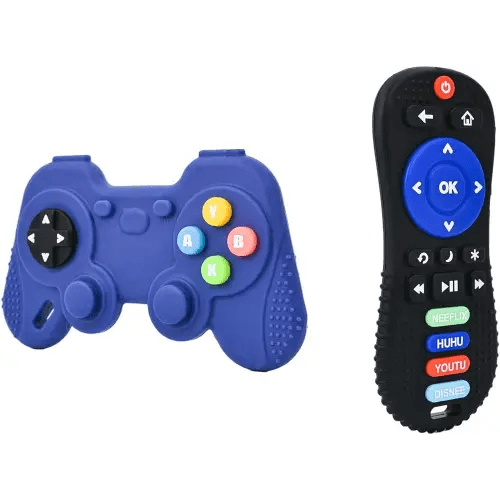 2 Pack Remote&Game Controller with Box, Silicone Teether Toys, Babies Teething Toys Toddlers, Baby Teether Toys for Infants Girls Boys 6-12 Months 0-6 Months, Sensory Chew Toy Gift (Black+Blue)