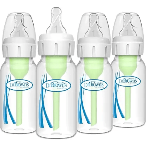 Dr. Brown's Natural Flow Anti-Colic Options+ Narrow Baby Bottle, 4 oz/120 mL, with Level 1 Slow Flow Nipple, 0m+, 4 Pack