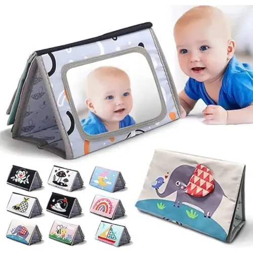 Baby Mirror Toys for Tummy Time, Newborn Infant 0 3 4 6 12 Months Old Boy, Girl Gift. Brain Developmental Montessori Sensory High Contrast Crinkle Book w Safe Mirror for Floor, Crib, Car, Bouncer