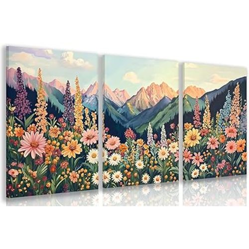 Hianan Mount Daisy Wildflower Landscape Wall Art, Colorful Floral Wall Decor, Boho Sunset Landscape Canvas Painting, Bright Botanical Poster Prints for Living Room Bedroom Framed 12"x16"x3