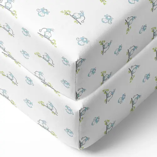 Bacati - Happy Monkeys 2 Pack Essentials Classic Super Soft Breathable 100% Cotton Muslin Baby Crib Fitted Sheets - Fits Standard 28 x 52 x 5 Crib & Toddler Mattresses (Blue/Grey Boys)