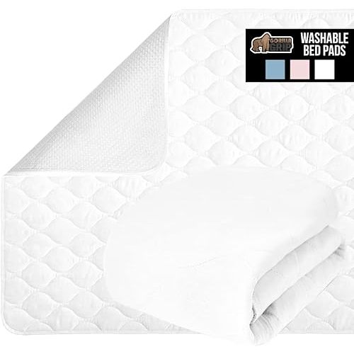 GORILLA GRIP Washable Underpads, Waterproof Reusable Heavy Absorbency Incontinence Bed Pads, Leak Proof Toddler Mattress Pads, 52x34 Slip Resistant Pad Protector for Bedwetting, Adults and Kids, White