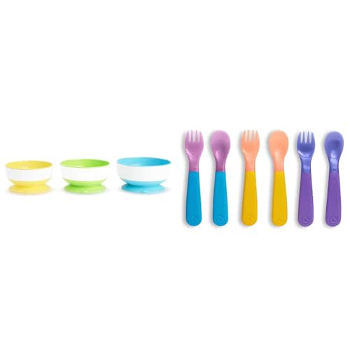 Munchkin® Stay Put™ Suction Bowls for Babies and Toddlers, 3 Pack, Blue/Green/Yellow & ® ColorReveal™ Color Changing Toddler Forks and Spoons, 6 Pack