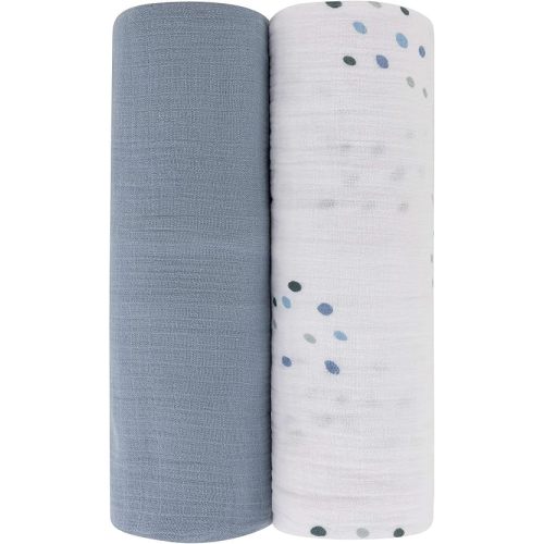 Ely's & Co. Cotton Muslin Swaddle Blanket 2-Pack for Baby Boy — 100% Cotton Muslin Extra-Large Swaddle Blankets (47” x 47”) Blue Raindrops | Solid Blue