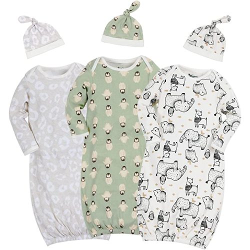 Newborn Unisex Baby Boys Girls Cartoon Sleeper Gown Long Sleeve Nightgown Sleepsuits with Mitten Cuffs & Hats, 0-3 Months - Penguin + Leopard + Animals