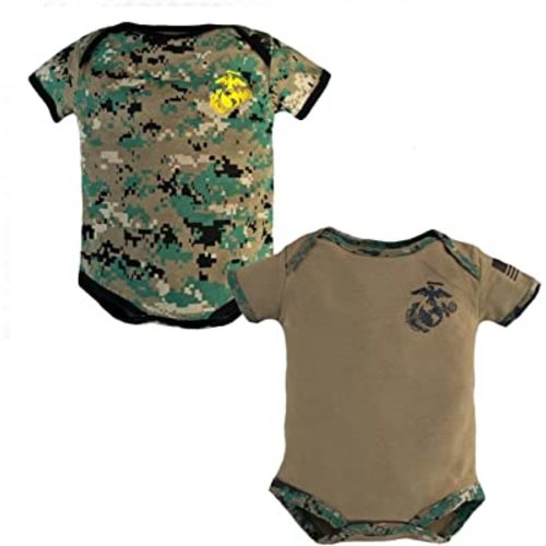 USMC Comfy Two Pack Baby Bodysuit With Marine Corps Logo (Woodland Camo - Coyote Brown, 0-3 Months)