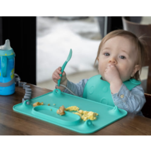 BUSY BABY Silicone Mat - New and Improved Suction Cups, 4 Straps to Secure Baby Essentials, Self Feeding, Baby Led Weaning, Travel Sleeve Included (Pewter)