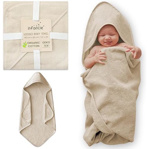 Organic Cotton Plush Woven Hooded Baby Towels, 31x31 Inches, Plush Bath Towels with Hood for Newborns and Kids, Girls & Boys (Ivory, 31.4" L x 31.4" W)