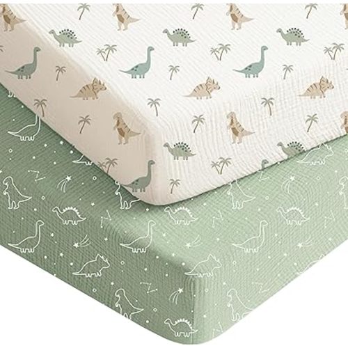 Konssy Muslin Crib Sheets for Boys, Soft Cotton Neutral Baby Sheets for Standard Crib Mattress 2 Pack, 52"x28" (Dino Jungle,Sage Dino)