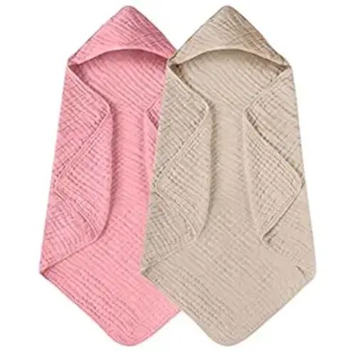 Yoofoss Hooded Baby Towels for Newborn 2 Pack 100% Muslin Organic Cotton Baby Bath Towel with Hood for Babies, Infant, Toddler and Kids, 32x32Inch, Soft and Absorbent Newborn Essential,Bge& Bean Paste