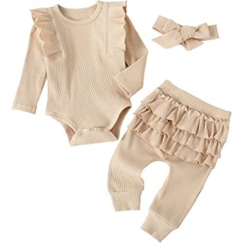 Fullfamous Baby Girl's 3pc Rib Frill Long Sleeve Romper and Pant Set