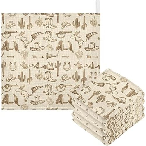 Nander 5Pack Baby Muslin Washcloths,Western Cowboy Soft Face Cloths for Newborn, Absorbent Bath Wash Cloths, Wipes, Burp Rag,Toddlers Essentials Stuff, Baby Registry as Shower