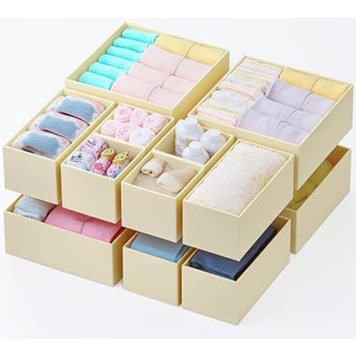 Drawer Organizer Clothes, 12 Pack Fabric Dresser Organizer for Baby Clothes, Underwear, Sock, Diapers- Foldable Closet Organization and Storage Dividers Bins for Nursery, Bedroom (Beige)