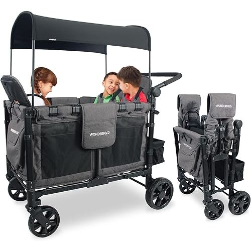 WONDERFOLD W4 Elite Stroller Wagon (4 Seater) - Collapsible Wagon Stroller with Seats with 5-Point Harnesses, Adjustable Push Handle, and Removable UV Sun Canopy, Charcoal Gray