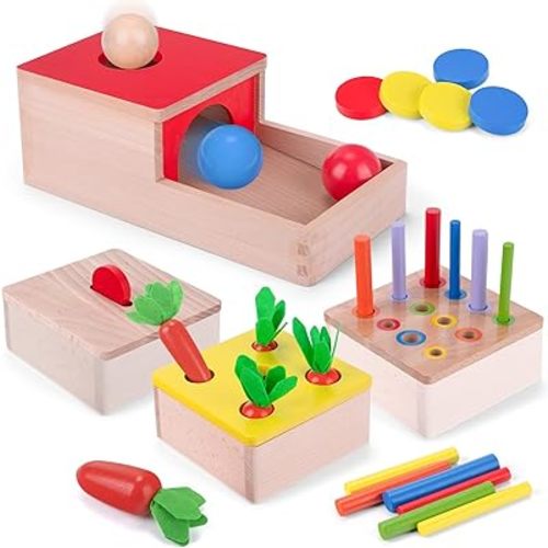 Montessori Toys for 1 Year Old, 4 in 1 Wooden Toys for Baby Boy Girl, Object Permanence Box, Color&Shape Sorting Learning Matching Game, Carrot Harvest, Preschool Educational Gifts for Toddler
