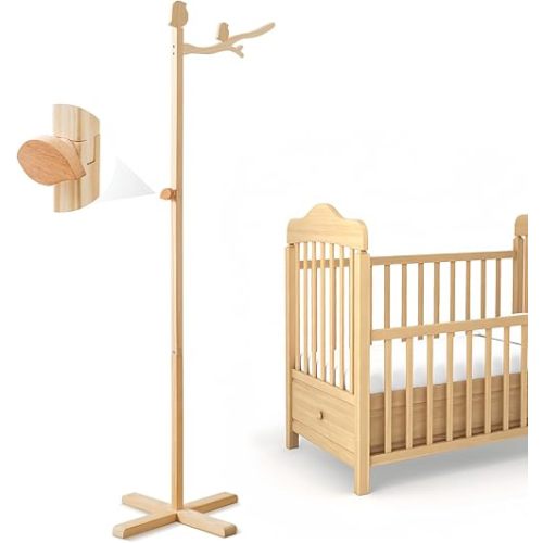 Floor Standing Crib Mobile Arm 57.8 Inch Wooden Baby Mobile Arm for Crib Movable Baby Mobile Hanger with Hook Anti-Dumping Baby Mobile Holder Floor Stand Nursery Decor