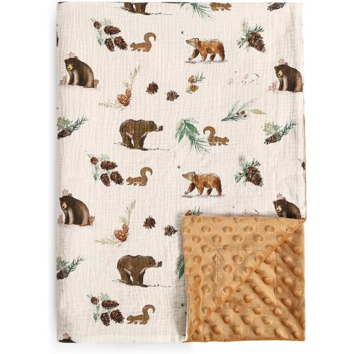 david's kids Muslin Minky Baby Blanket for Boys with Muslin Cotton Front and Dotted Fleece Backing, Breathable and Soft Lightweight Receiving Blanket for Newborns, 40x50 Inches, Woodland Animals