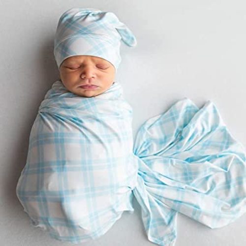Luxury Rayon from Bamboo Hat & Baby Swaddle for Newborns 0-3 Months, Baby Blue Plaid Newborn Swaddle Blanket for Baby Boys & Girls, Hypoallergenic, Breathable & Buttery Soft