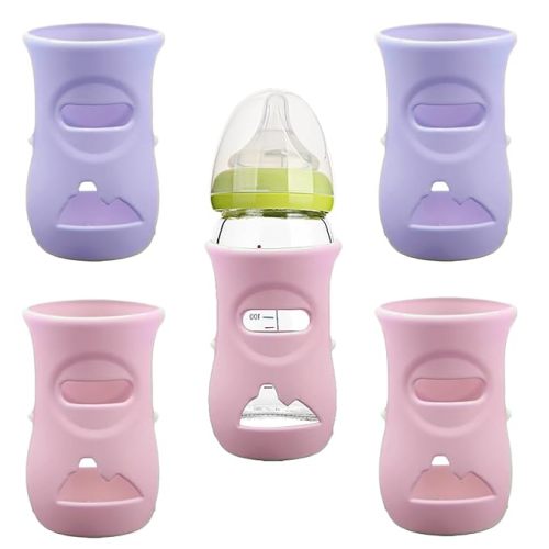 4 Pack Silicone Sleeves for Avent Natural Glass Baby Bottles, Anti Breakage Baby Bottle Holder, Compatible with Philips Avent Glass Natural Baby Bottle, BPA Free (Pink Purple, 8 OZ)