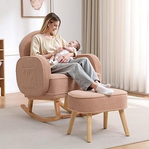 Rocking Chair Nursery with Ottoman, Upholstered Glider Rocker with High Backrest and Side Pocket, Rocking Accent Armchair with Solid Wood Legs for Nursery, Living Room, Bedroom Coffee