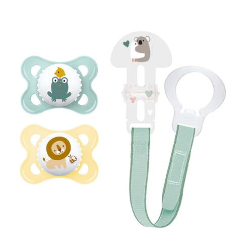 MAM Pacifier and MAM Pacifier Clip Value Pack (2 Pacifiers & 1 Clip), Pacifiers 0-6 Months, Unisex Baby Pacifier Animals Design, Baby Pacifier Clips