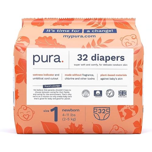 Pura Size 1 Eco-Friendly Diapers (4-11lbs) Hypoallergenic, Soft Organic Cotton Comfort, Sustainable, Wetness Indicator, Allergy UK Certified. Newborn 1 Pack of 32 Baby Diapers - Size 1 (32 Diapers)