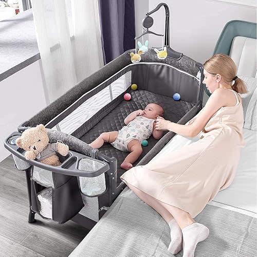 ADOVEL Baby Bassinet Bedside Crib, Pack and Play with Mattress, Diaper Changer and Playards from Newborn to Toddles, Grey