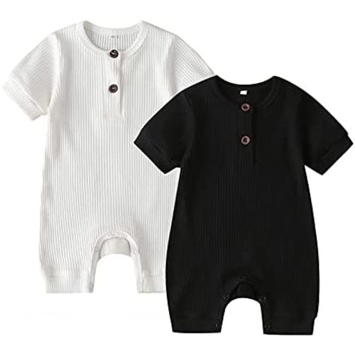 Infant Baby Boy Girl 2 Pack Solid Romper Ribbed Knit Short Long Sleeve One Piece Jumpsuit Clothes