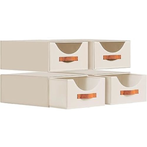 Closet Organizers and Storage - Large Stackable Storage Bins with Drawer, Fabric Bins for Organization, Collapsible Drawer Organizer Clothes for Bedroom, Living Room, 4 Pack, Beige