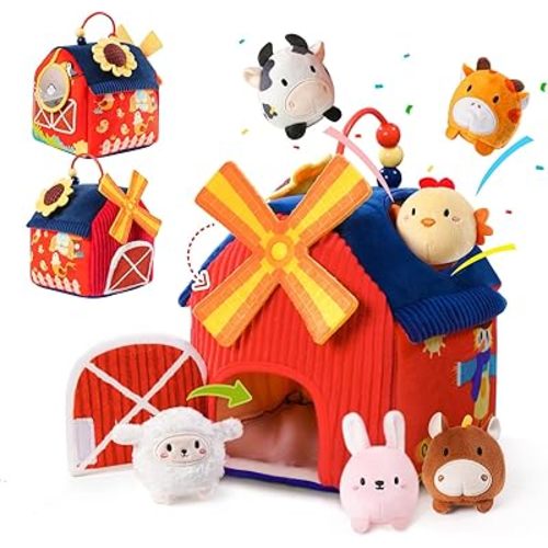 Baby Toys 6-12 Months, Montessori Sensory Toys, My First Farm House Toy with 6 Stuffed Animals,Rotating Windmill & Sunflower Crinkle, Rattle, Fun Mirror Fine Motor Skills Development,Baby Gift