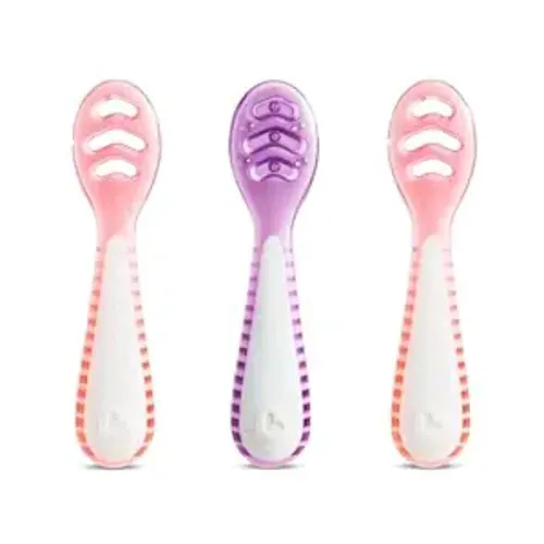 Munchkin® Gentle Dip™ Multistage First Spoon Set for Baby Led Weaning, Self Feeding, Solids & Purees, 3 Pack, Coral/Purple - Set + Bowls