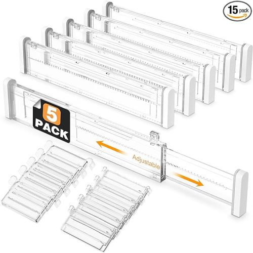 HiYZ Adjustable Drawer Dividers with Inserts - Expandable 12.6''-22.8'' Kitchen Drawer Organizers Separators for Utensils, Tools, Clothing, Socks, Dresser- 5 Long Dividers with 10 Inserts(3.9''-7.1'') - Clear - 5*Long Dividers + 10*Inserts