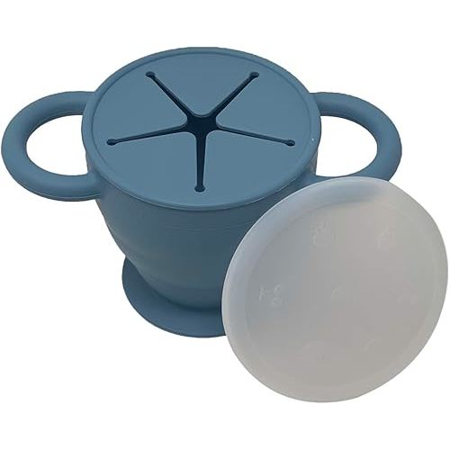 BraveJusticeKidsCo | Snack Attack II Snack Cup | Collapsible Silicone Snack Container | Toddler and Baby Snack Catcher Lid (Blue Steel)