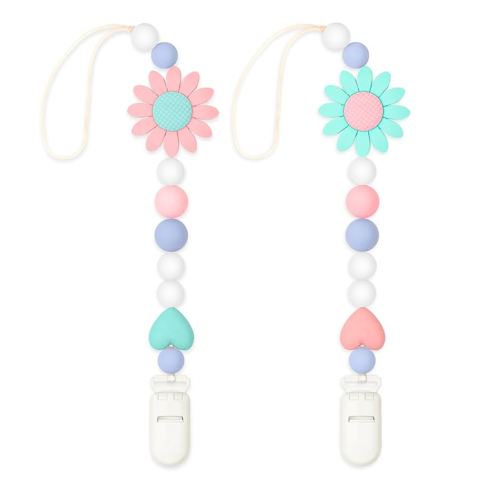 Silicone Pacifier Clip, 2 Pack Pacifier Holder for Boys and Girls, Adorable Sunflower Pacifier Clips Fits for Most Pacifier, Baby Teethers, Baby Shower and Baby Gift(Pink&Green)