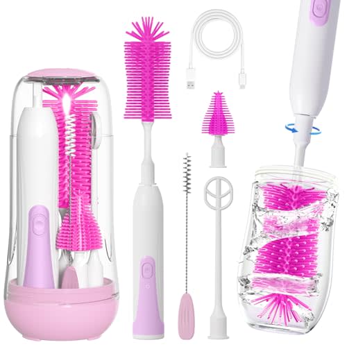 Electric Bottle Brush Cleaner, Portable Baby Bottle Washer, Travel Bottle Cleaner Brush Set with Silicone Bottle & Nipple & Straw Brush(Purple)