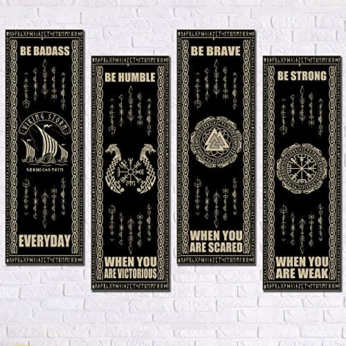 Nordic Vikings Wood Sign 4 Pieces Celtic Drakkar Rune Wall Decor Scandinavian Vikings Boat Hanging Wooden Signs Mediaeval Wall Plaque for Home Kitchen Mythology Vegvisir Runes Artwork Pagan Art(Black)