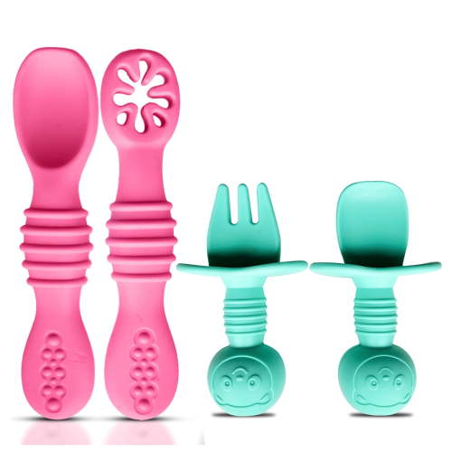 HippoBaby 4pc Baby Led Weaning Set Silicone Toddler Utensils Dishwasher Safe Pink Blue