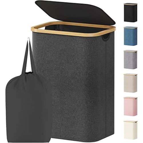 Lifewit 80L Laundry Basket with Lid, Clothes Hampers for Laundry with Bamboo Handles and 1 Removable Bag, Large Foldable Laundry Hamper for Bedroom, Bathroom, Dorm, Laundry Room, Dark Gray