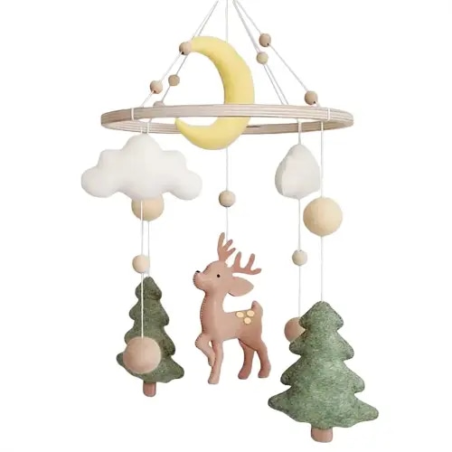 Baby Mobile for Crib - A Handmade Gender Neutral Deer Forest Crib Mobile with Felt Clouds and Trees for Jungle Theme Nursery