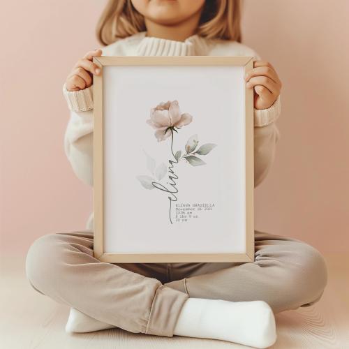 Nursery Wall Decor with Name-stemmed rose, Nursery Birth Print, Nursery Poster with birth stats, Personalized Name Print, Custom rose