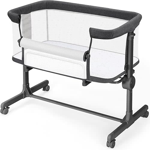 Ezebaby Baby Bassinets Bedside Sleeper - All Mesh Bedside Bassinet with Wheels, 7 Height Adjustable Baby Crib for Infants