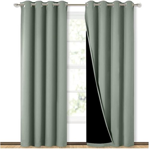 NICETOWN Greyish Green 100% Blackout Lined Curtains, 2 Thick Layers Narrow Wide Window Treatment Panels Thermal Insulated Drapes for Kitchen Small Window (1 Pair, 37" Width x 63" Length Each Panel)