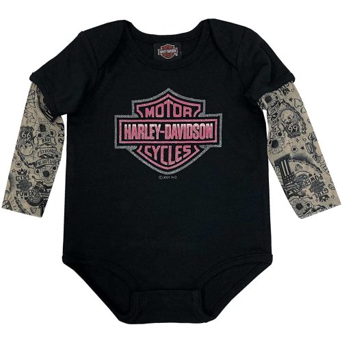 Harley-Davidson Baby Girls' Glitter B&S Mesh Tattoo Long Sleeve Creeper - Black