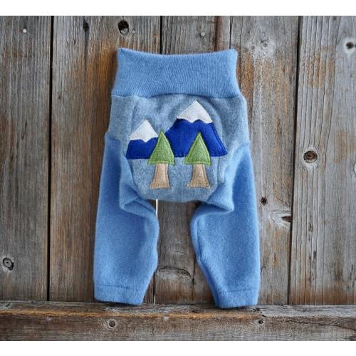 Upcycled Cashmere Longies Soaker Cover Diaper Cover With Added Diaper Blue With Mountains Applique SMALL 3-6 Months