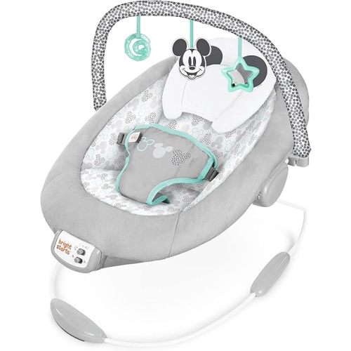 Bright Starts Mickey Mouse Comfy Disney Baby Bouncer in Cloudscapes Includes -Toy Bar with 3 Cute Toys, Plays 7 Soothing Melodies w/Auto Shut-Off, Age 0-6 Months