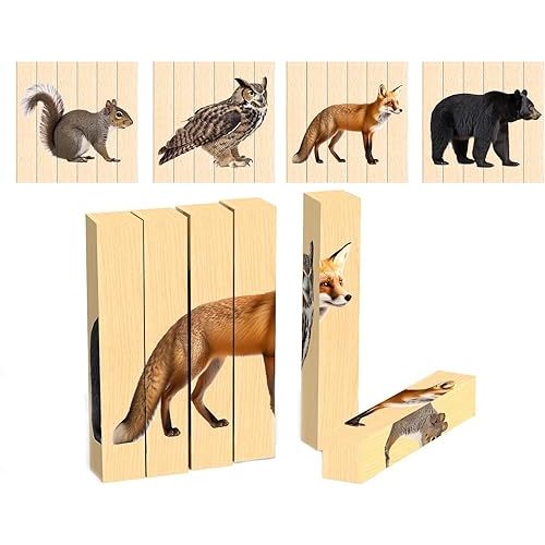 Wooden Animal Chunky Puzzles for Toddlers 2+ Years - Montessori 4 in 1 Woodland Creature Block Puzzle Toy